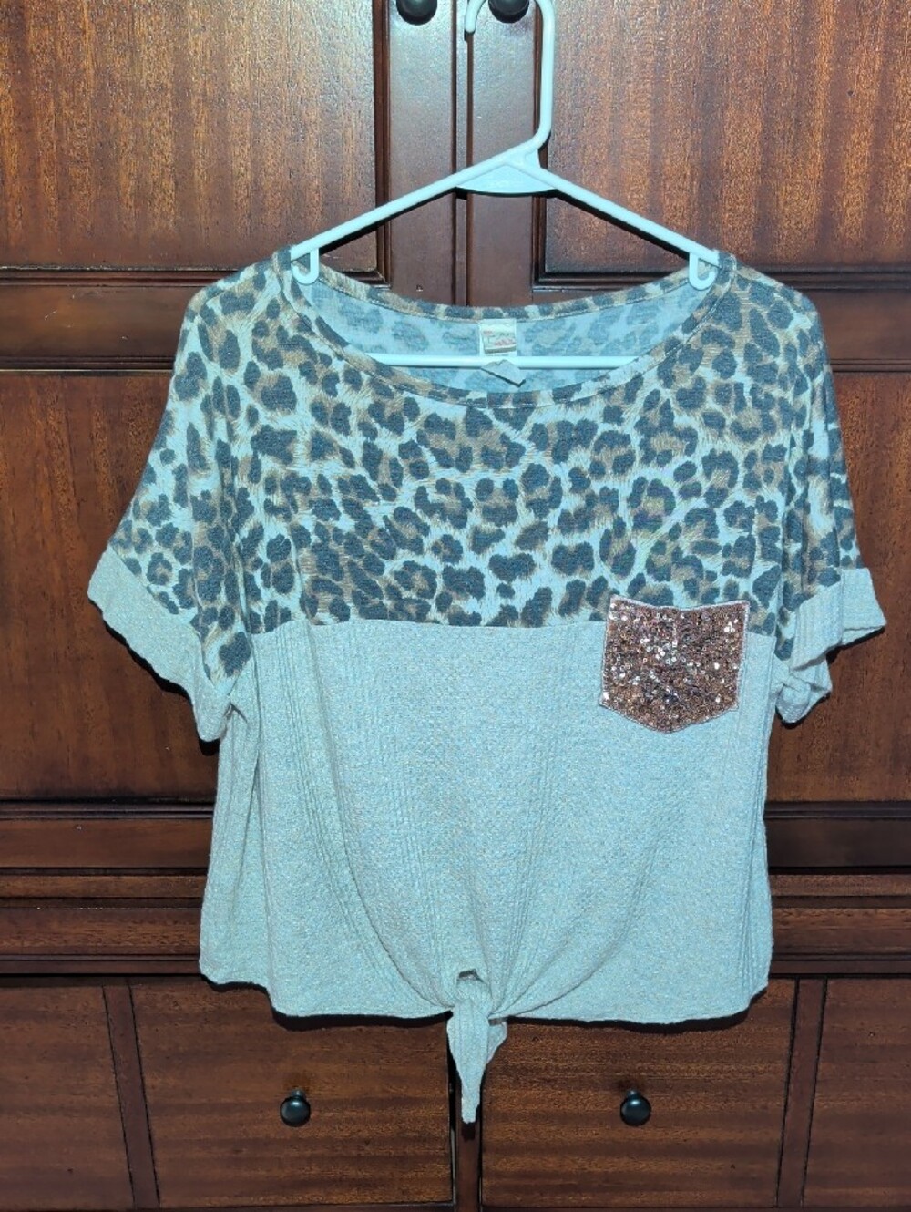 Leopard-Print and Beige Short-Sleeve Women's Top